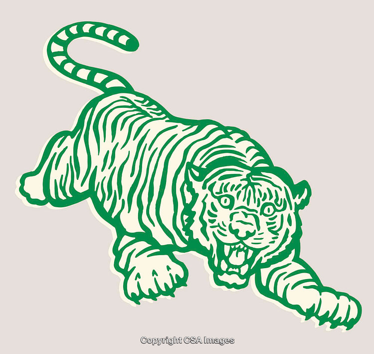 Green Line Art Illustration of a Roaring Tiger Pouncing
