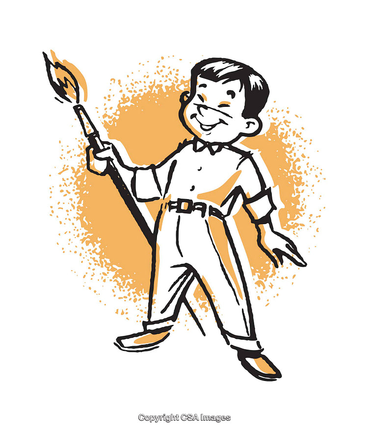Vintage Illustration of a Boy Holding a Torch on a Creative Backdrop