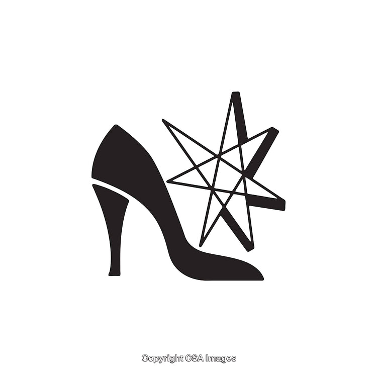 Black and White Icon of High Heel Shoe with Decorative Abstract Element