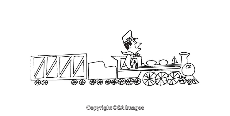 Whimsical Line Art Illustration of a Steam Train With a Conductor