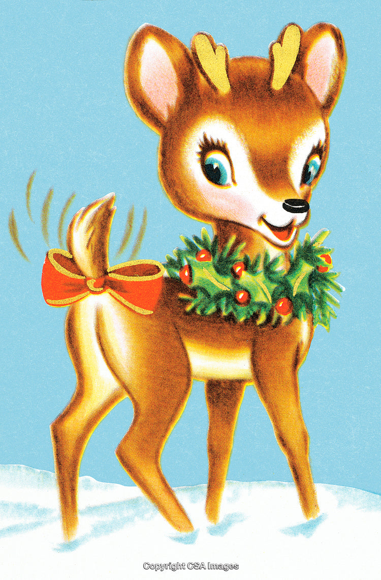 Adorable Holiday Deer Illustration with Festive Wreath and Bow Details