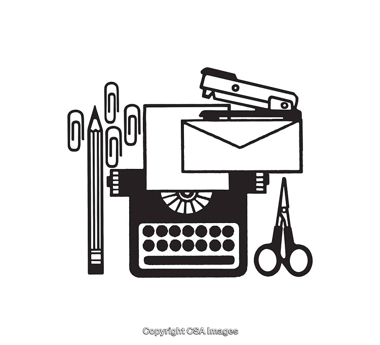 Vintage Typewriter With Office Supplies in Black and White Line Art