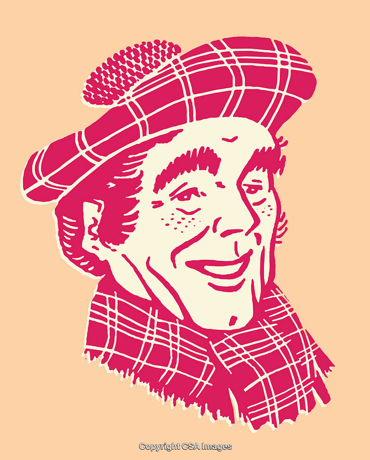 Cheerful Line Art Illustration of a Person in a Traditional Plaid Hat and Scarf