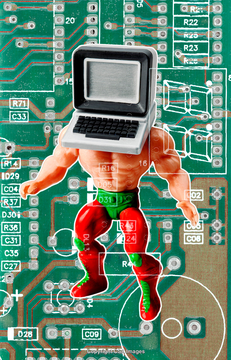 Surreal Toy Figure with Computer Head Over Circuit Board
