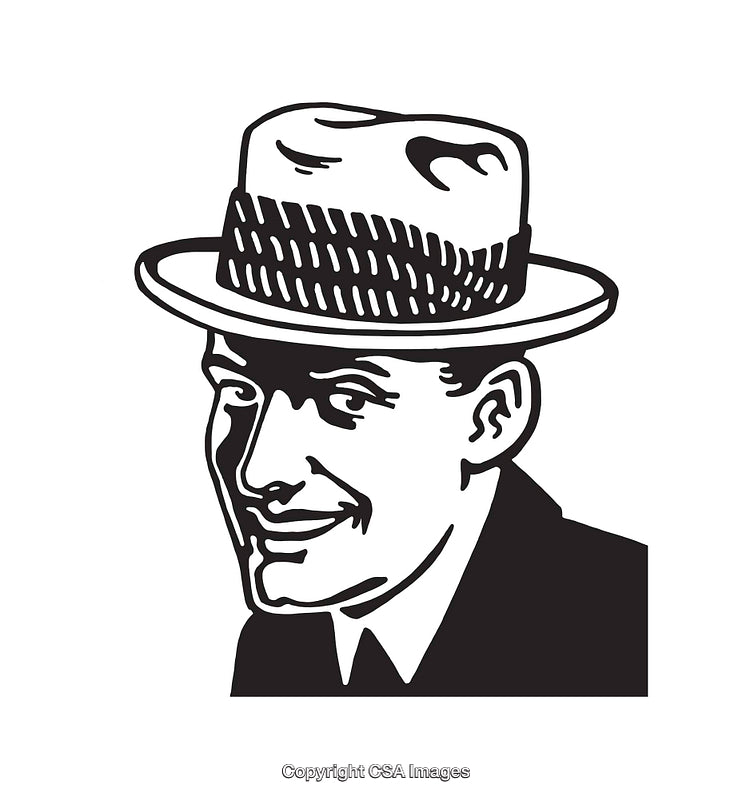 Retro Style Line Art of Smiling Man Wearing Traditional Hat