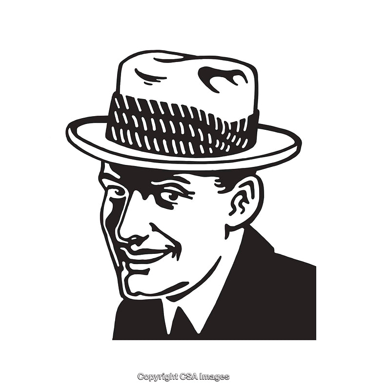 Retro Style Line Art of Smiling Man Wearing Traditional Hat