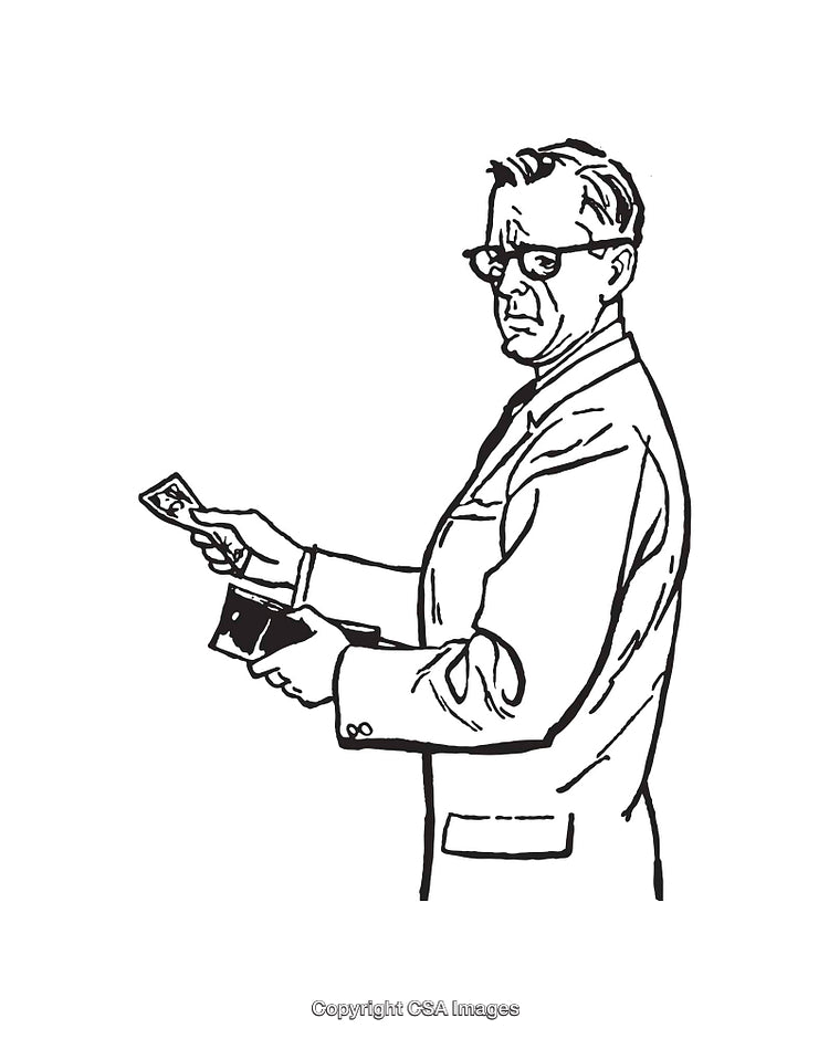 Black and White Illustration of a Focused Man Holding Wallet and Inspecting Items