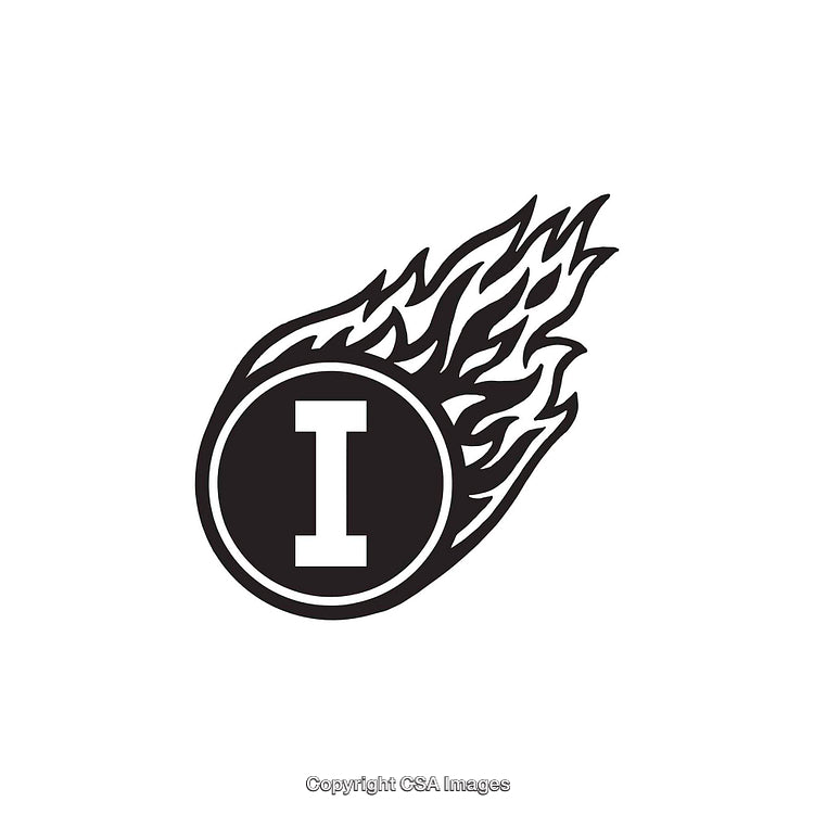 Flaming Circular Emblem with Letter I Inside Fiery Design