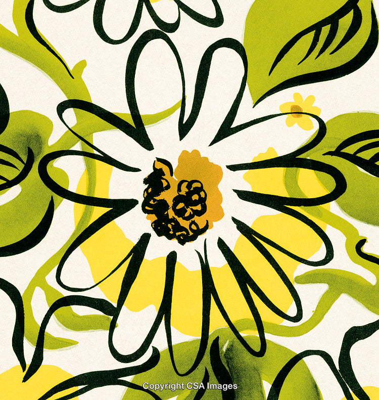 Abstract Floral Illustration Featuring Bright Yellow Petals and Green Leaf Motifs