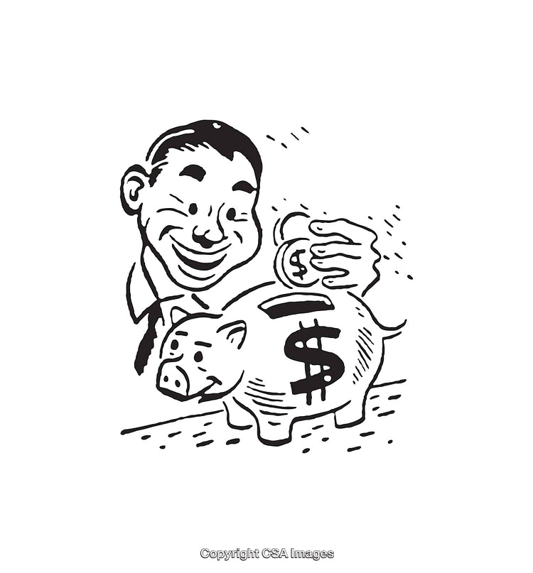 Black and White Illustration of Man Saving Money in Piggy Bank