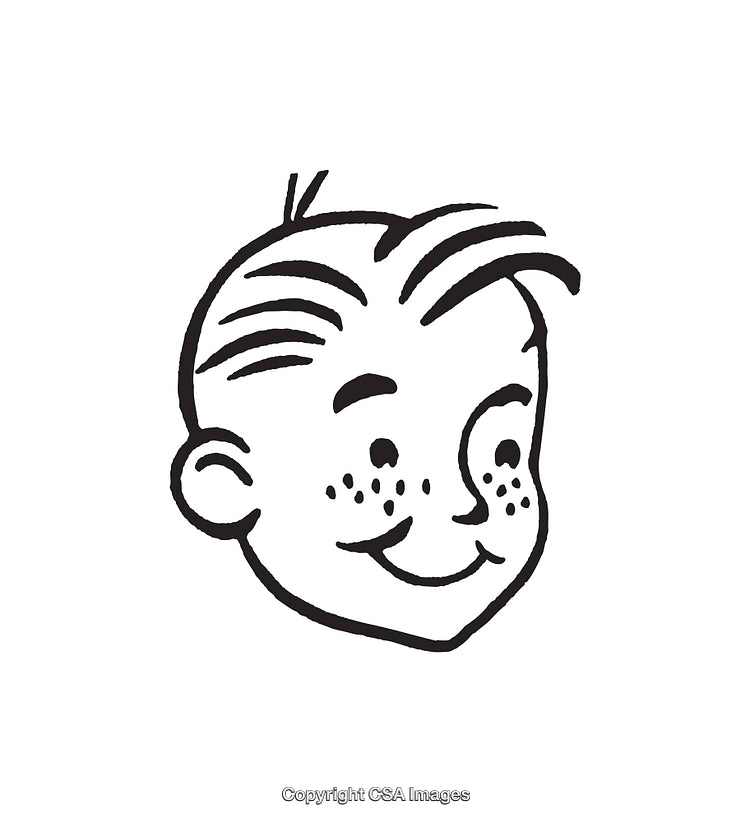 Black and White Cartoon Illustration of a Smiling Freckled Kid