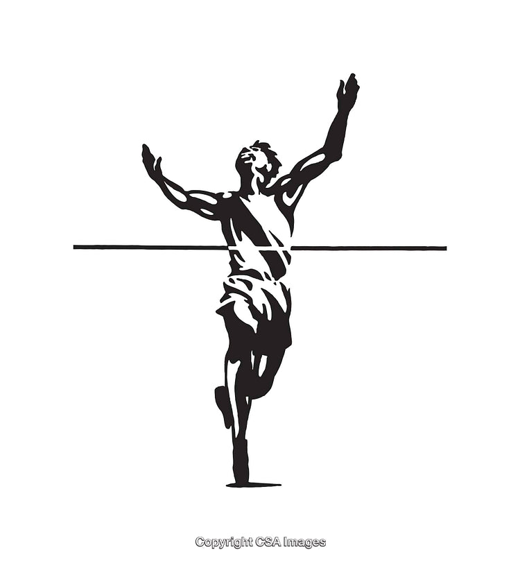 Black and White Line Art of Runner Crossing Finish Line