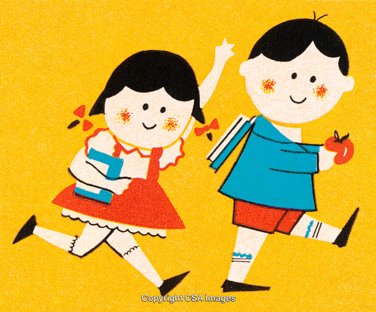 Retro Illustration of Happy Children Walking with Books and Apple