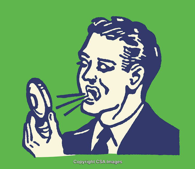 Man Examining Breath Reflection in Mirror with Retro Illustration Style