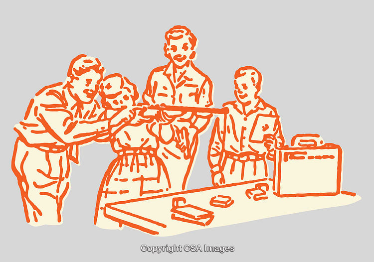 Group of Individuals Interacting Around a Device in Line Art Style