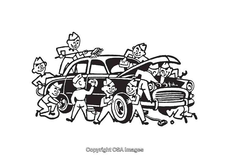 Vintage Black and White Illustration of People Repairing a Car