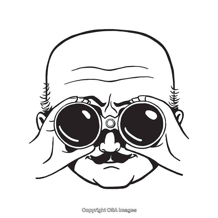 Black and White Illustration of a Character Observing Through Binoculars