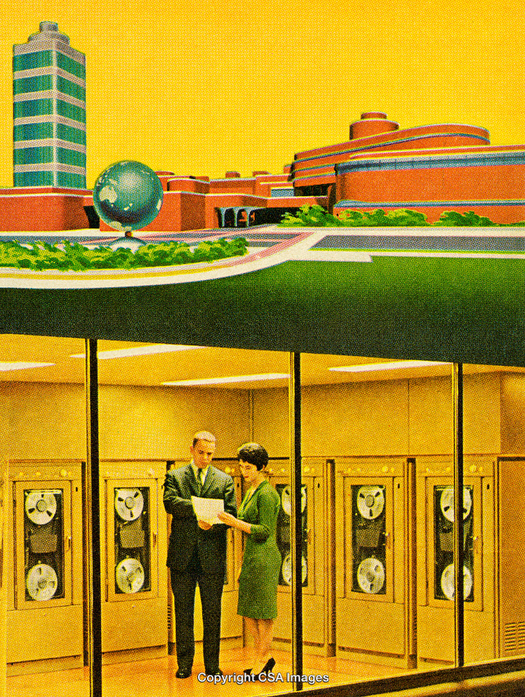Retro Office Scene with Vintage Technology and Architectural Background