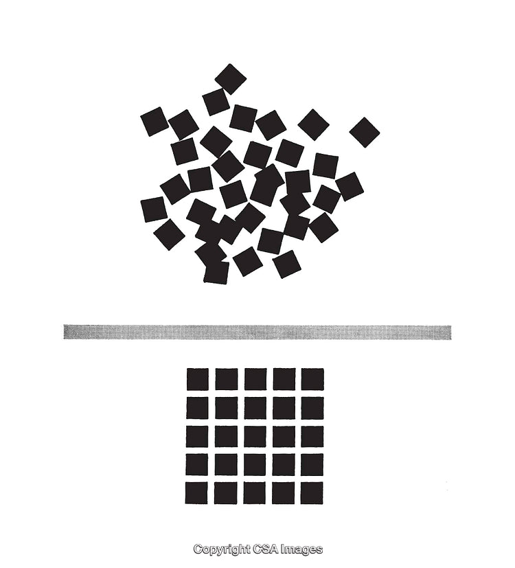 Abstract Black-and-White Diagram with Scattered and Organized Shapes