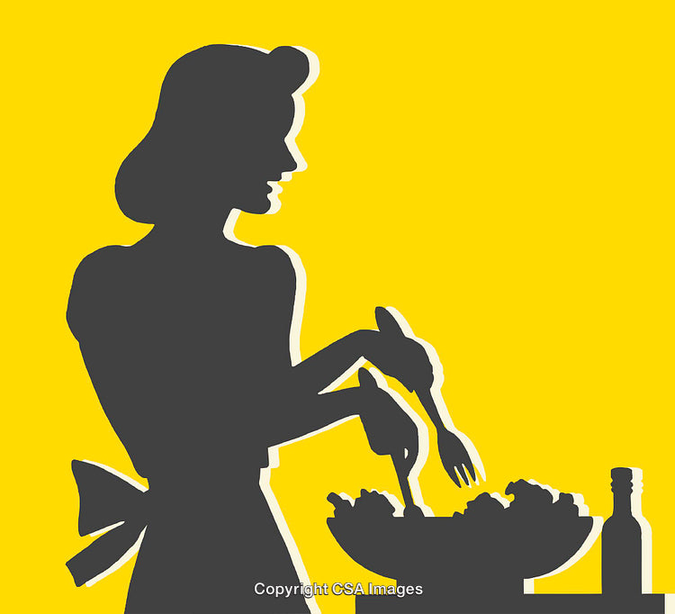 Silhouette of a Woman Preparing Salad in Minimalist Illustration