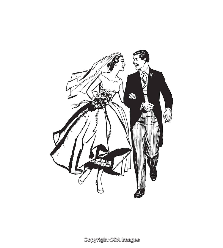 Vintage Line Art of a Smiling Bride and Groom on Wedding Day