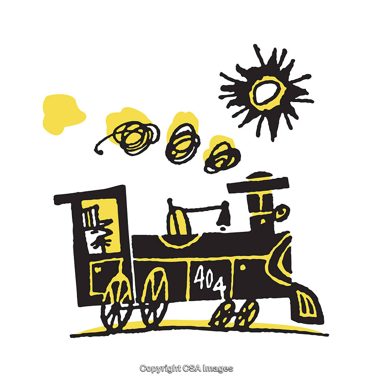 Colorful Hand-Drawn Illustration of a Train with Sun and Smoke Puffs