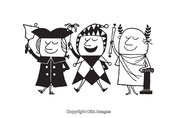 Black and White Cartoon Characters Depicting Different Historical Figures