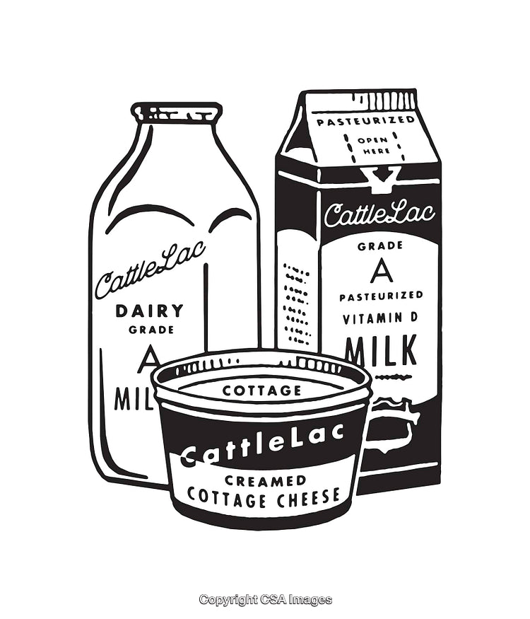 Black and White Line Art of Milk and Cottage Cheese Containers