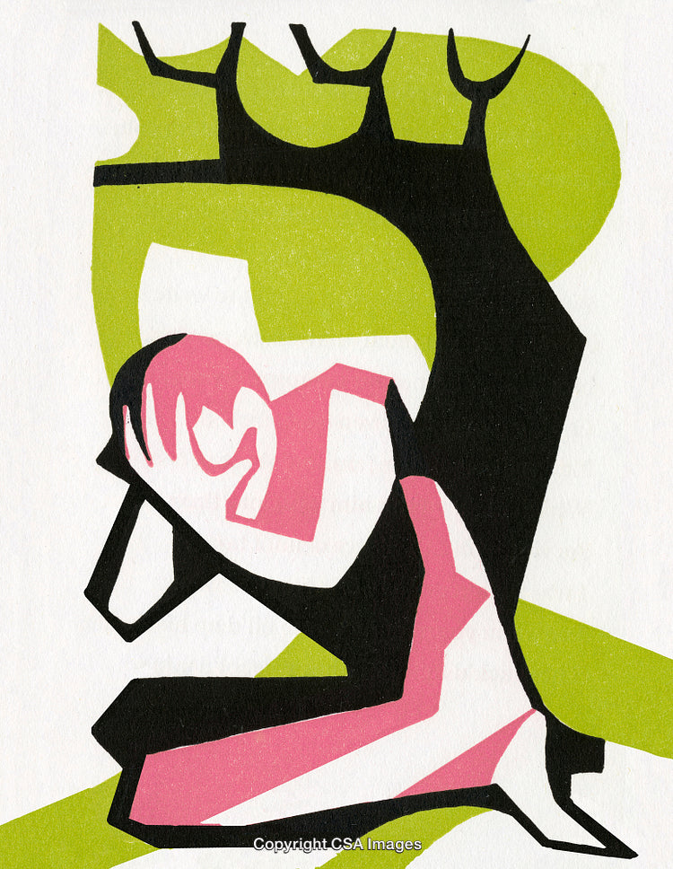 Abstract Artwork Depicting A Kneeling Figure With a Bold Color Scheme