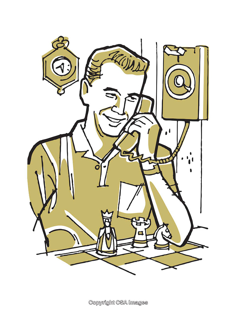 Retro Style Illustration of Man Talking on Phone with Chess Set