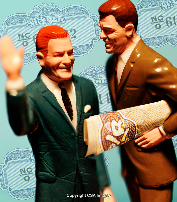 Two Figurines Engaged in Conversation with Money and Number Backdrop