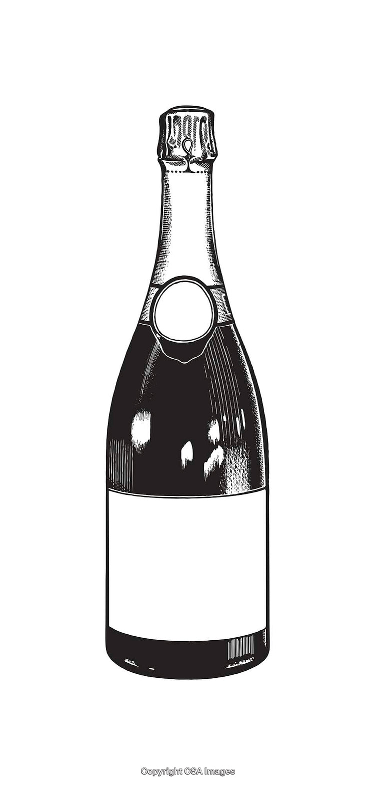 Vintage Line Art Illustration of a Champagne Bottle with Blank Label
