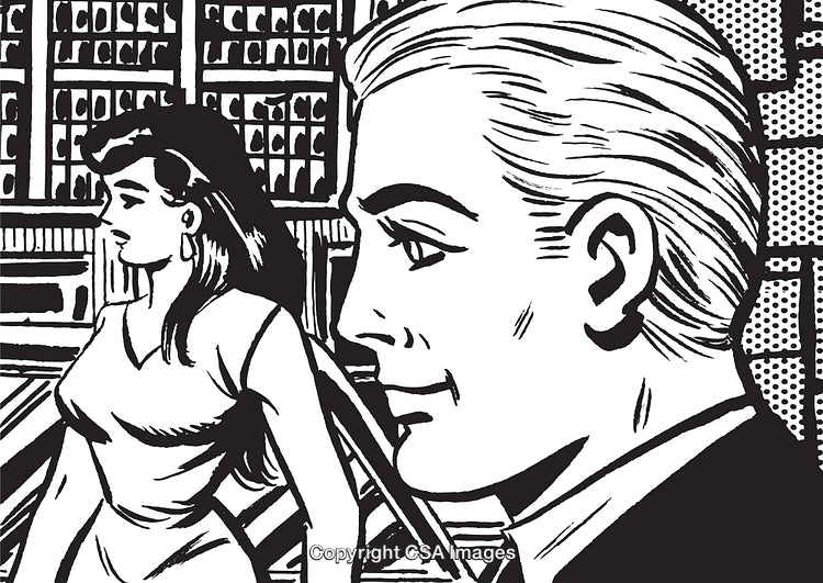 Vintage Comic Style Illustration of a Man and Woman in Thoughtful Design