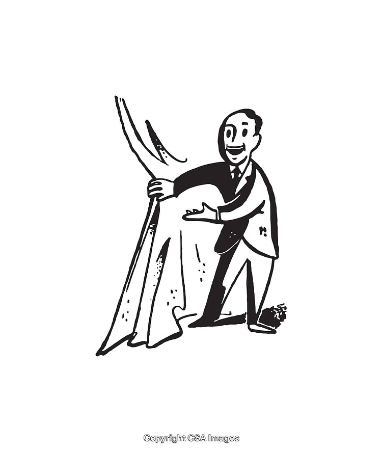 Businessman Revealing a Curtain in Black and White Line Art Style