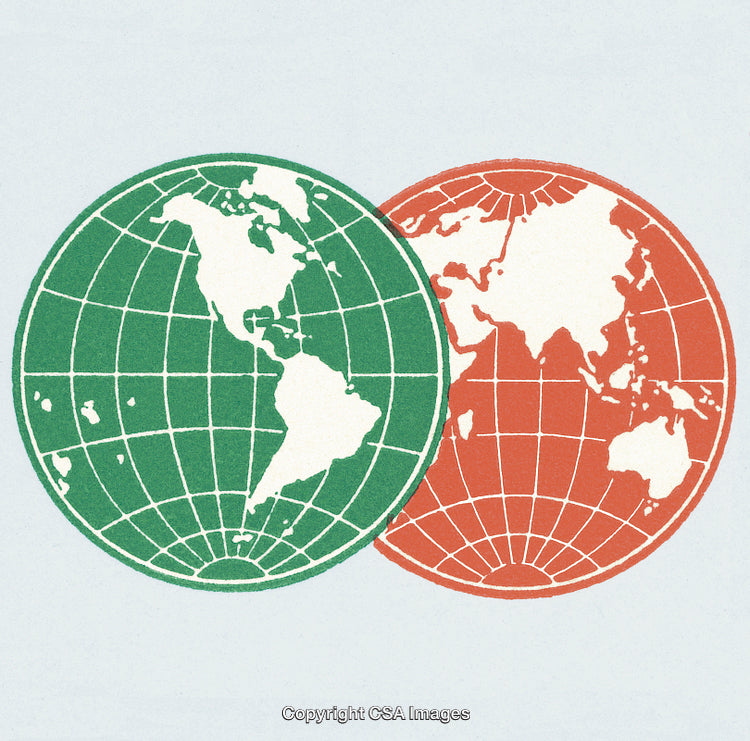 Illustration of Two Interconnected Globes Highlighting World Continents