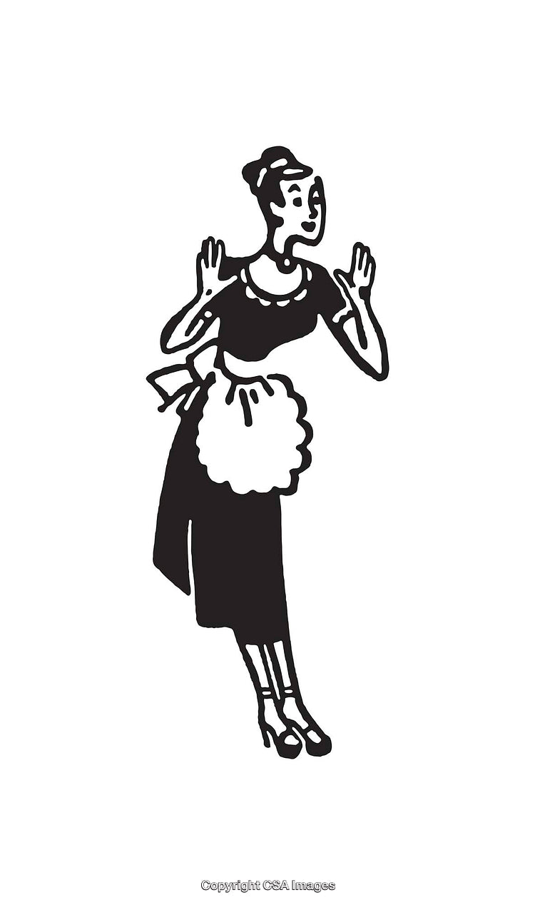 Retro Black and White Illustration of a Surprised Woman in Apron