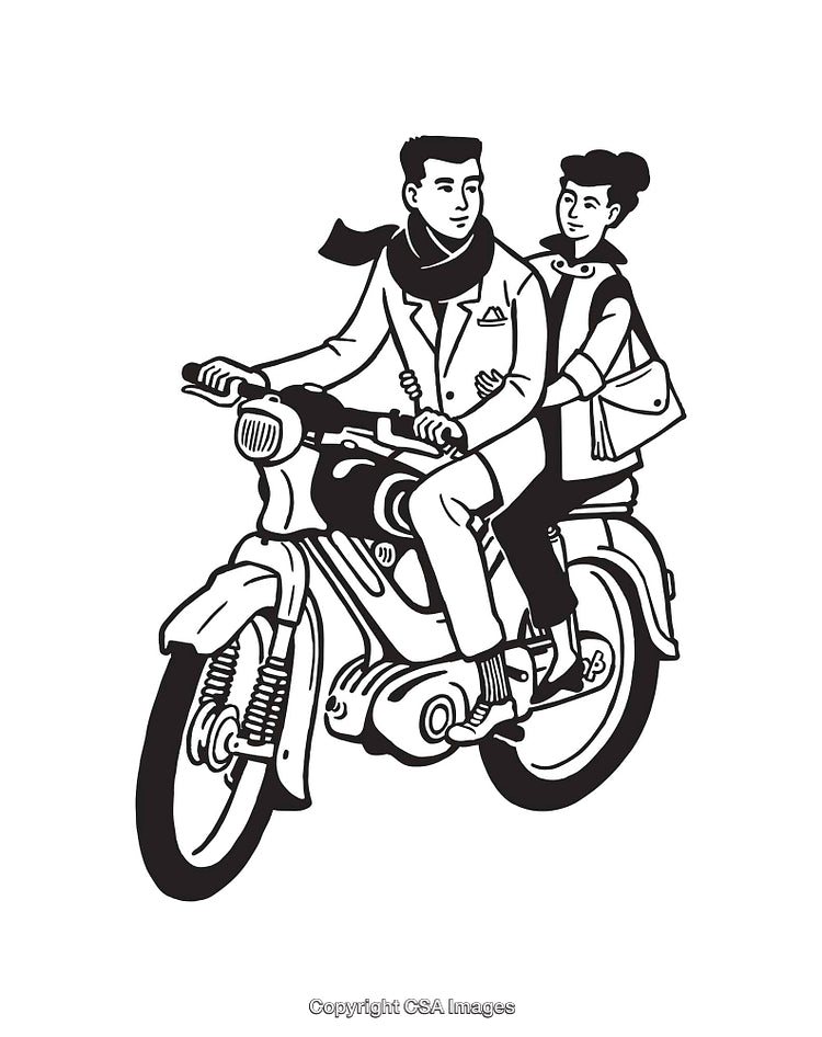 Vintage Line Art Illustration of Couple Riding a Motorcycle