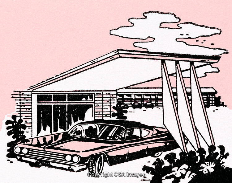 Vintage Car and Retro Home Illustration in Pastel Style