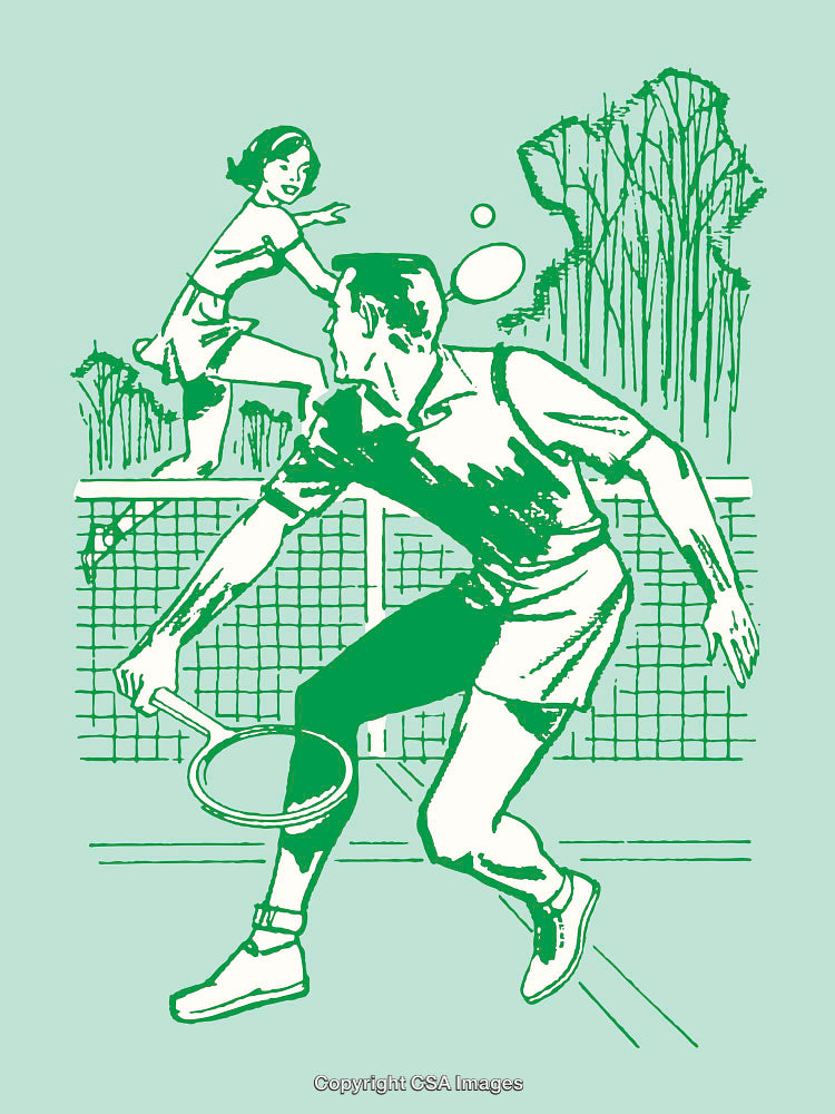 Vintage Tennis Illustration Showing a Dynamic Doubles Match in Progress