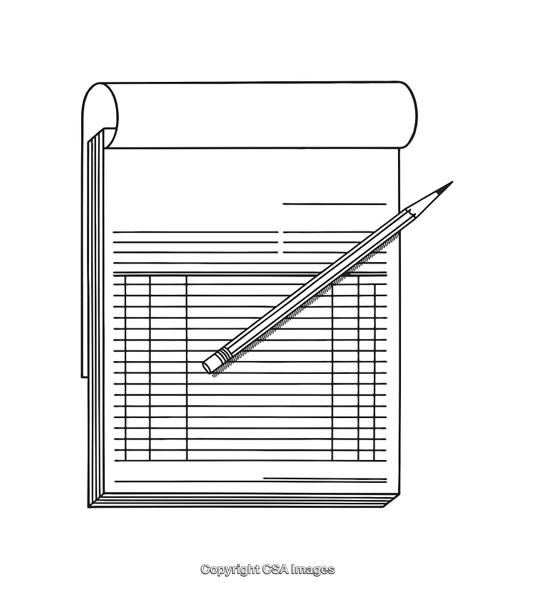 Black And White Line Art Illustration of Notebook and Pencil Scene