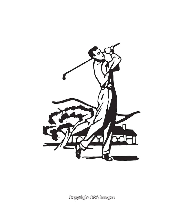 Vintage Line Art of a Golfer in Swing Pose with Scenic Background