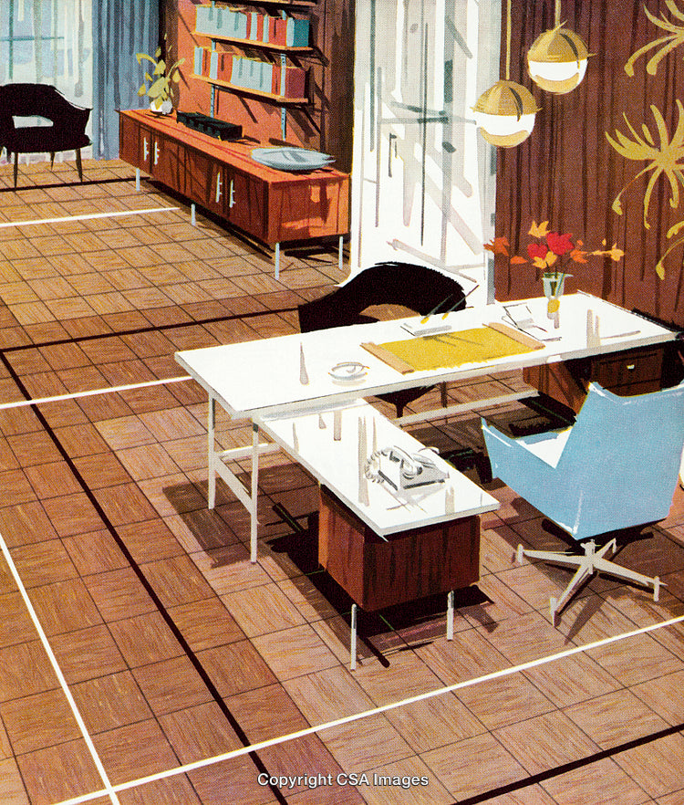 Stylized Mid-Century Modern Office Interior With Retro Furniture and Decor