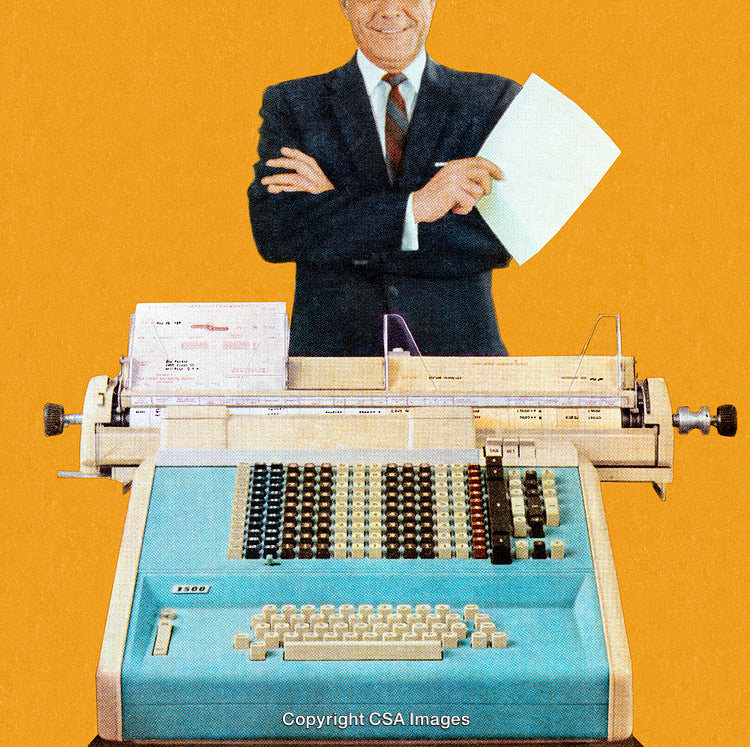 Retro Office Environment with Vintage Typing Machine and Business Professional