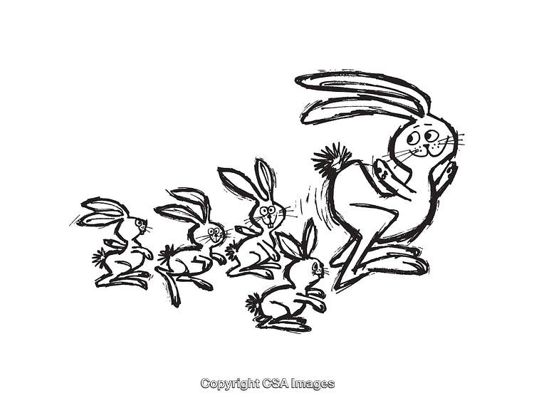 Group of Playful Rabbits in Black and White Line Art Illustration