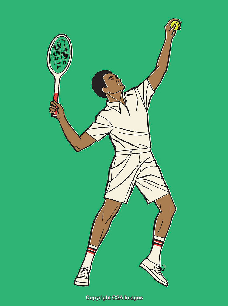 Illustrated Tennis Player Performing a Dynamic Serve on Bright Green Background