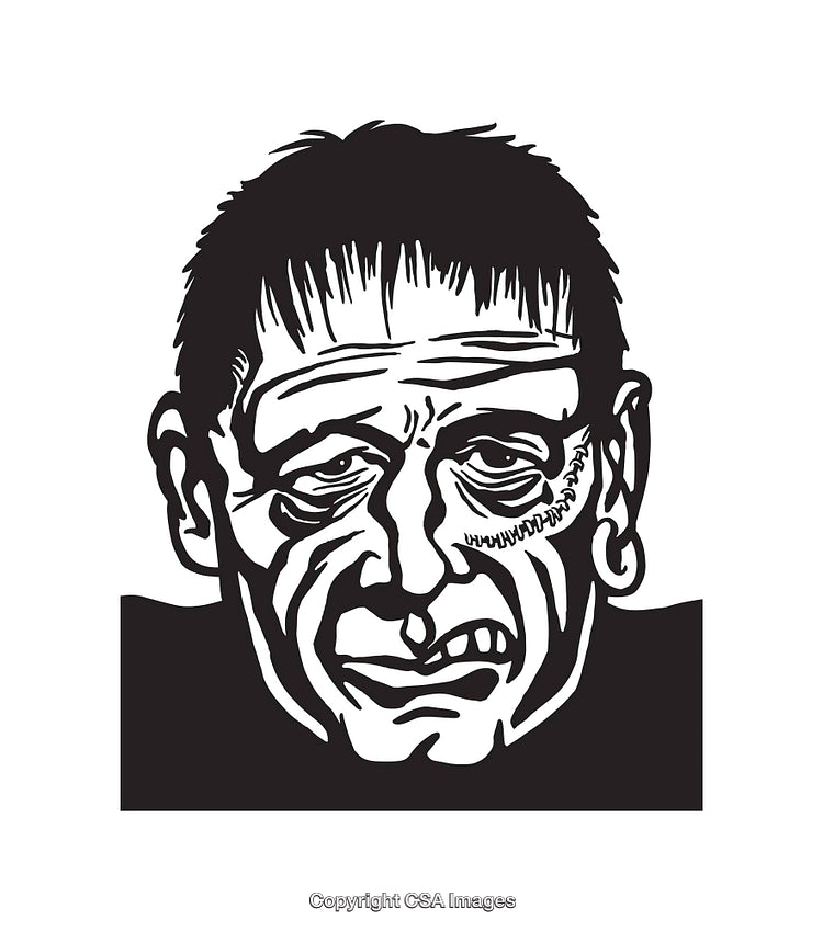 Black and White Line Art Illustration of a Classic Monster Face