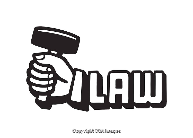 Black and White Illustration of Hand Holding a Gavel with 'Law' Text