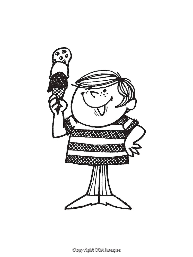 Cheerful Cartoon Child Enjoying a Treat in Black and White Artwork