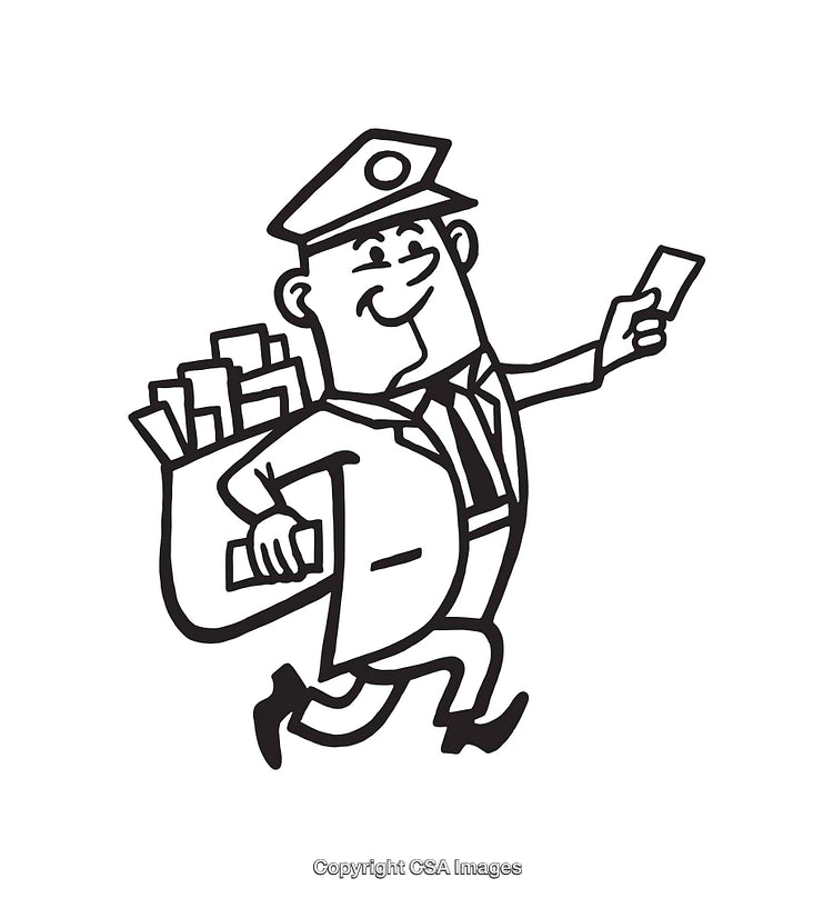 Cartoon Mailman Delivering Letters with a Cheerful Expression in Line Art Style