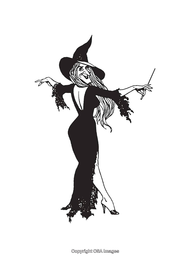 Elegant Witch Illustration with Hat and Wand in Line Art Style